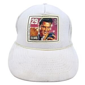 Vintage 90s Elvis Presley 29 Cent Stamp Trucker’s Mesh Adjustable White Cap Hat